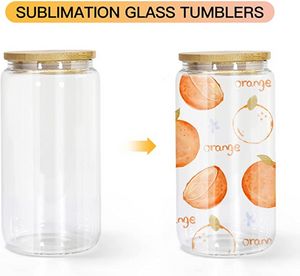 US STOCK Sublimation 16oz glass can with bamboo lid reusable straw beer Can Transparent frosted Glass Tumbler Soda Water Bottles