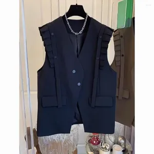Женские жилеты, осенний модный костюм с деревянными краями и вставками, женский топ без рукавов, свободное повседневное черное пальто средней длины, одежда