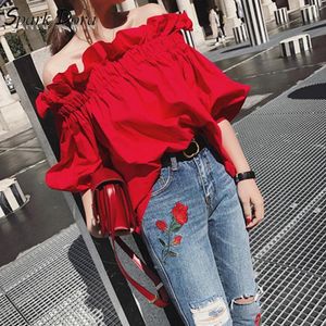 Kvinnors blusar skjortor Autumn Fashion Pure Color Lantern Sleeve Minute Lotus Leaf Side Off Shoulder Top Slash Neck Streetwear Red Female Tops 230424