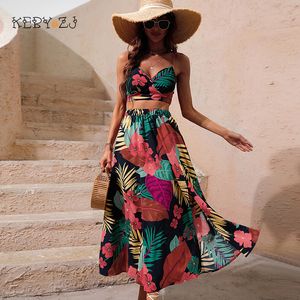 Dwuczęściowa sukienka Keby ZJ Y2K bikini topy spódnice Zestaw dla kobiet Summer Dwa kawałki spódnica na plażę wakacyjna kwiatowy druk maxi spódnica seksowna boho set 230424