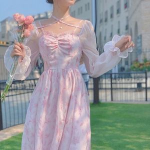 Casual Dresses Floral Party Midi Women 2023 Pink Print Elegant Vintage Summer Clothing Ruffle Sweet French Bohemian Beach Dress