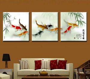 3 pezzi Coudros Decorazione della casa stampata su tela Wall Art Calligrafia cinese Koi Fish Immagine di bambù per soggiorno2802251