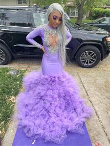 Design Purple Prom New Dress Sexy 2023 for Black Girls Beaded Lace Appliques Crystals Ruffle Long Sleeves Formal Pary Gown