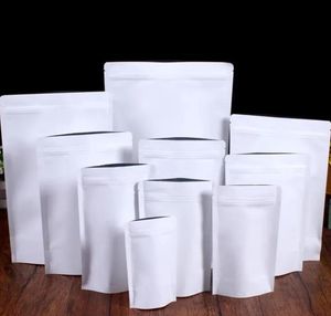 Stå upp White Kraft Paper Bag Aluminium Foil Packaging Pouch Food Te Snack Lukt Proof Resealable Påsar Partihandel
