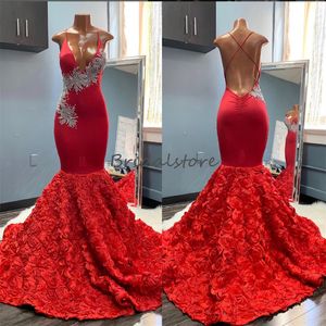 Elegant Red Black Girls Prom Dress med 3D Rose Florals Sexig Deep V Neck Backless Mermaid Aftonklänningar Formell födelsedagsklänning 2023 Vestidos de Festa Robe de Soiree