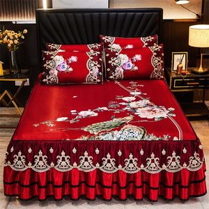 Saia de cama renda de luxo suave lençóis lisos de verão de verão de camisa de cama de cama de cama de cama bordado na cama de estilo europeu espalhe 230424