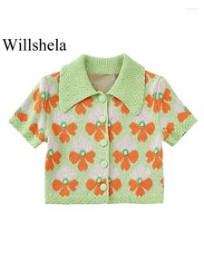 Women's Polos Women Fashion Floral Printed Single Breasted Knitted Polo Shirts Vintage Lapel Neck Short Sleeves Female Chic