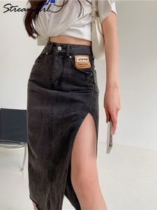 Kjolar streamgirl maxi jeans kvinnor denim lång sommar vintage sida split korean 230424