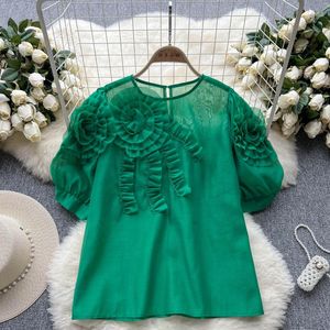 Women's Blouses Summer Camisas Mujer Three-Dimensional Flower Ruffles Chiffon Shirt Women's Puff Short Sleeve Loose Black White Tops