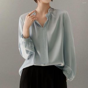 Damen Blusen Mode Kleidung OL Damen Langarm V-Ausschnitt Shirt Schlank Satin Bluse Büro Damen Formelle Oberteile