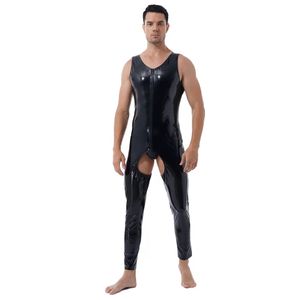 Mäns sexiga kostymer PVC Bright Leather Jumpsuit Sexig bodysuit spel roligt tätt kattdräkt öppen gren