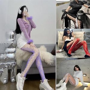 Women Socks Summer Punk Girl Stockings Millennial Color Sexy Side Hollow Rose Flower Net Bottoming Pantyhose Thigh High Wais