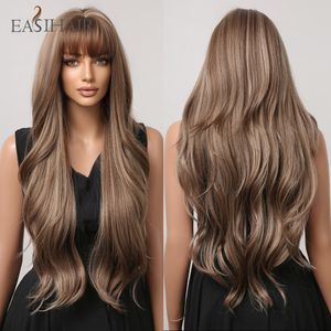 Synthetic Wigs EASIHAIR Brown Mixed Blonde with Bang Long Natural Wavy Hair Wig for Black Women Daily Cosplay Use Heat Resistant 230425