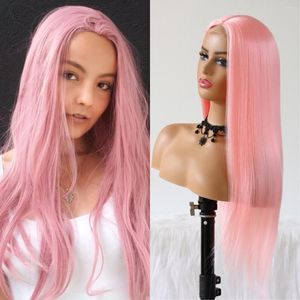 Pink Synthetic Hair Lace With Natural Baby Long Straight Cosplay Daily Party Use For Fashion Women