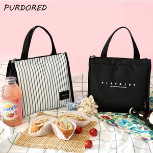 Kühlakkus/Isothermische Taschen PURDORED 1 Stück Tragbare Streifen-Lunchtasche für Frauen Lebensmittel Picknick Kühlbox Isolierte Tragetasche Behälter Bento-Taschen-Organizer J230425