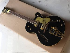 ブラックファルコンジャズエレクトリックギターG6120セミホローボディエボニーフィンガーボード韓国帝国チューナーゴールドスパークルバインディングダブルFホール