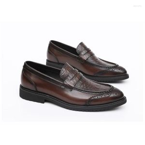 Abendschuhe Herren Loafer Herbst Krokodilmuster Britisches Echtleder Vintage Spitzschuh Party Braun Männlich