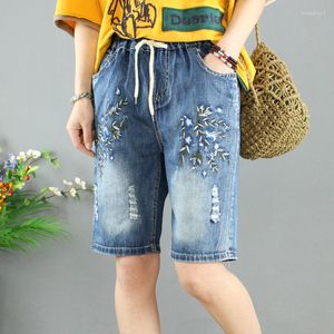 女子ジーンズレディースヴィンテージデニムショーツフローラル刺繍夏カプリレディースリッピングミュージャーカルカフェミニナ