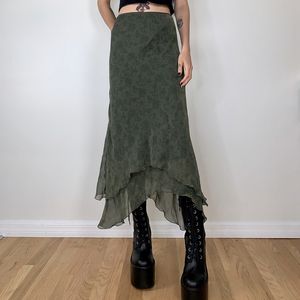 Kjol y2k vintage blommig tryck midi boho hög midja rufsled mesh dubbel lager långt grunge fairycore 90s streetwear 230424