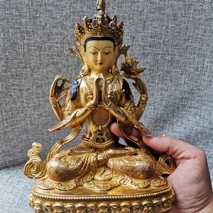 Dekorativa figurer Specialerbjudande # Buddhism Tibet Home Family Gilded Copper Four-Armed Avalokitesvara Guan Yin Buddha Statue Safe Health