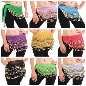 Partihandel Belly Dance Kjol Scarf Hip Wrap Belt Chiffon 3 Rows 128 Coins Belt Kirt Party Decoration 200 st ZZ