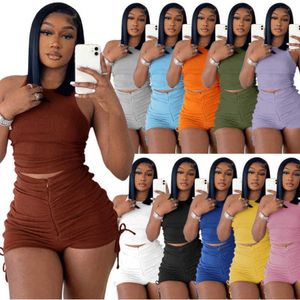 Designer New 2 Piece Yoga Pants Outfits Womens Tracksuits Summer Vest Shorts Pleated Drawstring Set Sexy Ladies Sportswear