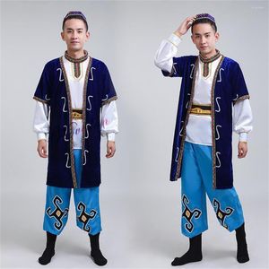 Desgaste do palco estilo chinês minoria nacional tradicional xinjiang vestido de dança folclórica de dança antiga xin jiang roupas com chapéu para homens