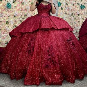 Red Shiny Sweetheart Ball Gown Quinceanera Dress 2024 Appliques Flowers Off Shoulder Sweet 15 16 Years Vestidos De XV Anos