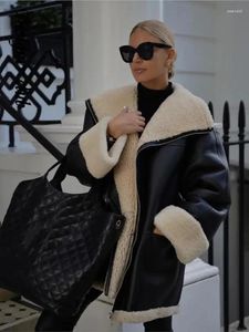 Женская кожаная черная куртка-бомбер с меховой подкладкой, осень-зима, женское теплое пальто из искусственной шерсти в стиле пэчворк с лацканами на молнии, повседневная верхняя одежда с длинными рукавами