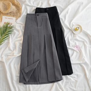 Saias Lucyever preto cinza plissado por muito tempo para mulheres primavera japonesa estilo de cintura de alta cintura de streetwear midi 230424