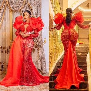 2023 Aso Ebi Red Luxurious Mermaid Prom Dresses Beaded Lace Long Sleeves Evening Birthday Party Second Reception Dress African DressEngagement Gowns ST310