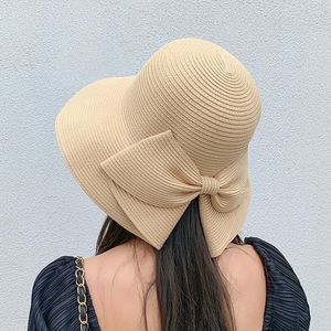 Chapéus de aba larga Mulheres palha de proteção solar chapéu grande anti-UV praia dobrável 4 cores Eventos Bowknot Caps encantadores ao ar livre