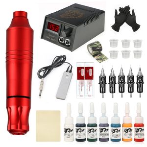 Tatueringsmaskin Tatuering Kit Professionell Maskinförsörjning Tatuering Rotary Ink Pen Set Aurora Mini LCD Power Supply 5pc Paper Box Needle For Human Art 230425