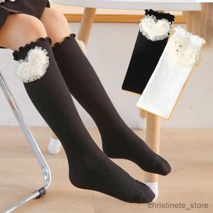 Barnstrumpor Princess Girls Over The Kne High Socks Diamond Inlay Big Lace Heart Baby Kids Strumpor Cotton Child Long Socks