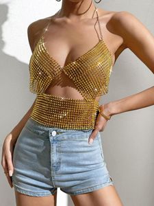 Tanques femininos Sexy Gold Diamond Chain Clubwear Top para mulheres Corte a Festa de Night Club Festa de Backless 2023 chegada