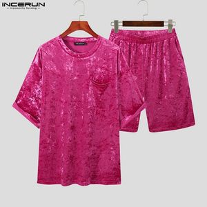 Mens Tracksuits INCERUN Sets Velour Solid Color Streetwear Short Sleeve Pockets T Shirt Shorts 2PCS Loose Fashion Casual Suits 7 230424