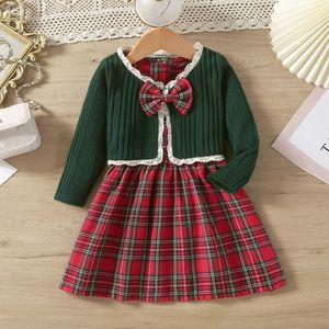 Meninas vestidos criança xadrez vestido de natal conjuntos para outono inverno criança manga longa casual renda malha cardigan tops crianças roupas 231124