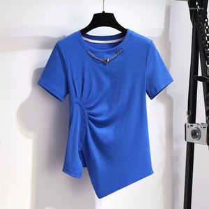 Women's T Shirts Shoulder Blue Round Neck Short Sleeved T-shirt For Women's Summer 2023 Design With Irregular Belly Covering Top Style