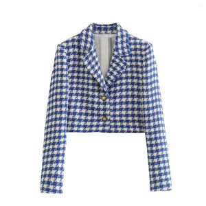 Women's Jackets 2023 Cropped Blue Plaid Jacket Elegant Chic Lady Long Sleeves High Street Tweed Coat Top Female Spring