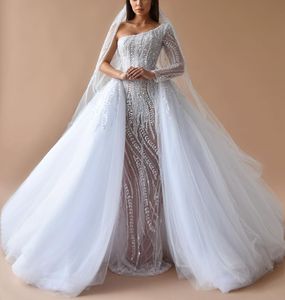 Elegant Mermaid Wedding Dresses One Long Sleeve Bateau Appliques Sequins 3D Lace Detachable Lace Train Beaded Floor Length Bridal Gowns Custom Made abiti da sposa