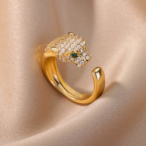 Solitaire Ring Leopard Head Rings for Women Open Justerbart rostfritt stål Ringguldpläterat vintage Animal Estetiska smycken Anillos Mujer 230425