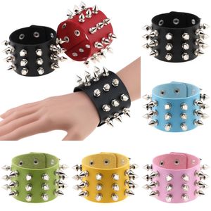 Fashion Punk Gothic Rock Three Row Metal Cone Stud Spikes Rivet Leather Wristband Bangle Wide Cuff Bracelets 13 Colors