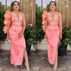 Party Dresses Elegant Slit Prom Long Sleeves Extra Puffy Organza Lace Tassels Aso Ebi Pink Evening Gowns Ankle Length Plus Size