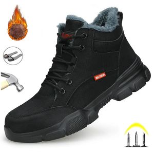 Botas de couro preto inverno pelúcia trabalho de segurança para homens à prova d'água anti pressão de prego sapatos de trabalho indestrutível calçado de aço 231124