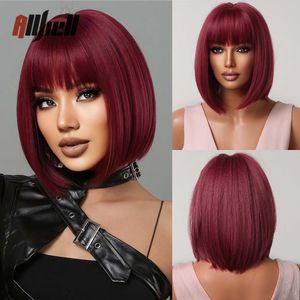 Synthetic Wigs Short Wine Red Bob With Full Bangs Natural for Women Heat Resistant Female Fake Hair Afro Cosplay Daily 230425