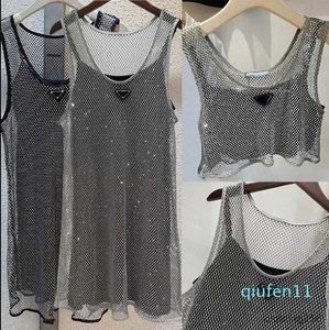 Mode-Ärmelloses Damenkleid, ausgehöhlt, schwarzes Satin-Sling-Kleid, Strass, glänzend, hohle Weste, Kleider, 2-teiliges Set, Denim-BH-Tops, Größe S-L