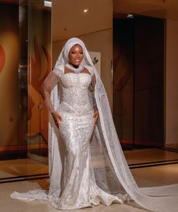 Elegant Mermaid Wedding Dresses Long Sleeves Bateau Halter Beaded Sequins Appliques Diamonds Tassel Zipper Plus Size Bridal Gowns Plus Size Vestido de novia Custom
