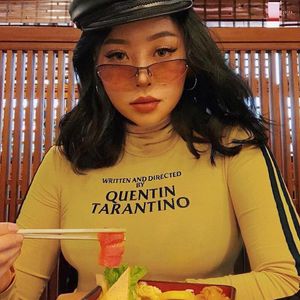 Women's T Shirts 2023 Fashion Quentin Tarantino Sexy Crop Tops Women Side Stripe Long Sleeve Turtleneck Cotton Knitted Short Tshirt Lady