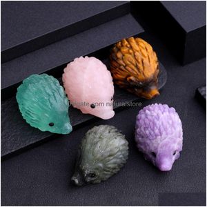 Stone Hedgehog Statue Natural Stone Fluorite Pink Quartz Crystal Healing Carved Stereoscopic Figurines Animal Crafts Home Drop Deliver Dhhex