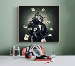 Smoking Monkey Canvas Paintings on The Wall Cool Animals Ape Playing Cards Posters and Prints Wall Pictures for Home Decoration5674829